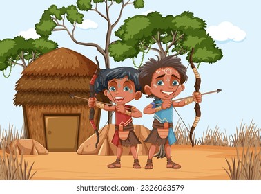 Indigenous people in front of their house illustration