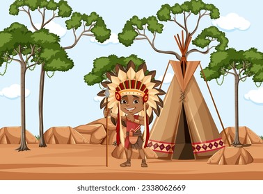 Indigenous people in front of their house illustration