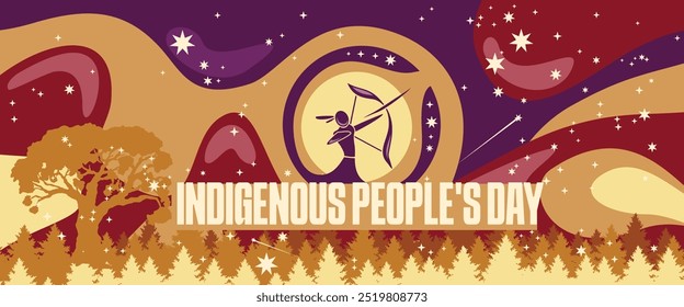 Banner do dia dos povos indígenas. Ilustração vetorial de um nativo americano com um arco e uma flecha. Floresta e céu com estrelas no fundo.