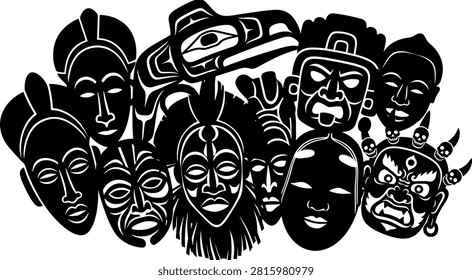 Indigenous ritual masks vector collage featuring African tribal masks Pacific Northwest native art and Asian theatrical face silhouettes.