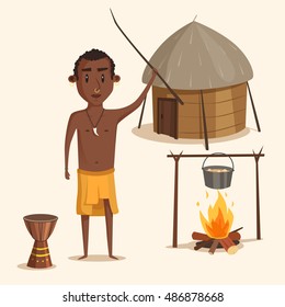 Indigenous south american or african male. Aborigine with earrings and nose shackle with wood stick near urn and kettle with stew on fire in front of hut.Ideal for history lessons or book illustration