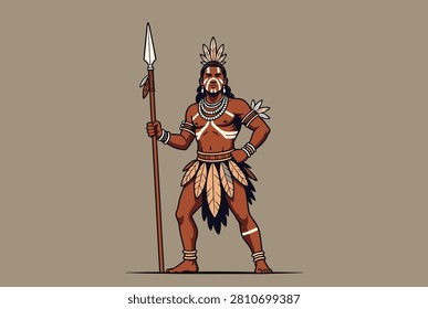 Indigenous warrior character standing proudly with traditional face paint, feather headdress, feather skirt, and a long wooden spear.