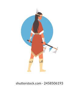 An Indigenous warrior woman carrying a tomahawk, depicted in traditional regalia. Vector illustration portraying cultural strength and pride.