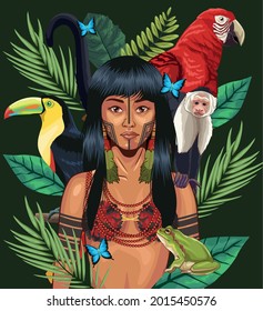 indigenous woman with jungle animals on green background