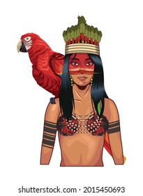 indigenous woman with macaw on white background