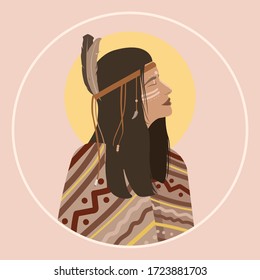 Indigenous woman shaman portrait with feathers in hair and wearing traditional poncho. Hand drawn modern vector in flat style. Pocahontas. Boho tribal girl. Native american