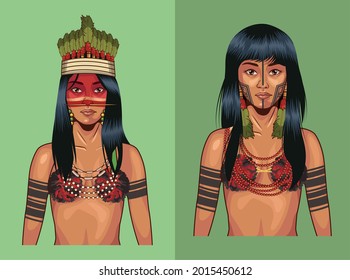 indigenous women set with traditional cloth on green background