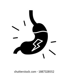 Indigestion black glyph icon. Dyspepsia. Upset stomach. Burning sensation in belly. Discomfort in upper abdomen. Heartburn. Silhouette symbol on white space. Vector isolated illustration