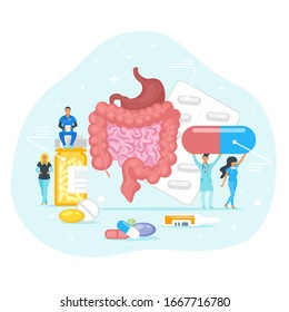 Indigestion, dyspepsia medications flat illustration. Gastrointestinal diseases treatment, gastritis cure, gastroenterology concept on white. Doctors with stomach, intestines tiny characters