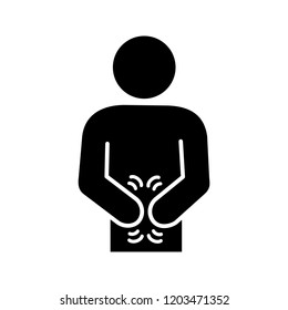 Indigestion glyph icon. Upset stomach. Stomachache. Digestive disorder. Irritable bowel. Stress symptoms. Diarrhea, bloating, nausea, abdominal pain. Silhouette symbol. Vector isolated illustration