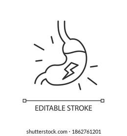 Indigestion linear icon. Dyspepsia. Burning sensation in belly. Discomfort in upper abdomen. Thin line customizable illustration. Contour symbol. Vector isolated outline drawing. Editable stroke