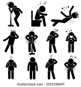 Indigestion Problems, Flu Symptoms, Faint, Vomit, Headache. Set Of Diseases Icons. Vector Illustration