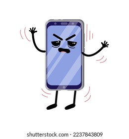 Ilustración vectorial del personaje de la caricatura de celulares indignante. Personaje de Smartphone, teléfono móvil cómico con fondo blanco. Tecnología, comunicación, concepto de emociones