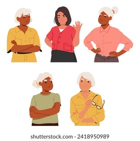 Indignant Elderly Women Characters Express Displeasure, Their Furrowed Brows And Sharp Remarks Revealing Offense At Perceived Disrespect Or Insensitivity. Cartoon People Vector Illustration