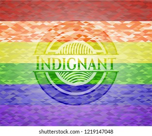 Indignant emblem on mosaic background with the colors of the LGBT flag