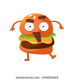 Indignant funny burger with big eyes and opened mouth. Cute cartoon fast food emoji character vector Illustration
