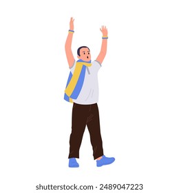 Indignant man Ukrainian football fan character raising hands over head screaming with irritation