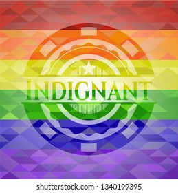Indignant on mosaic background with the colors of the LGBT flag
