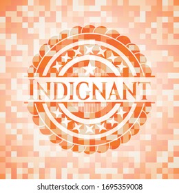 Indignant orange tile background illustration. Square geometric mosaic seamless pattern with emblem inside.