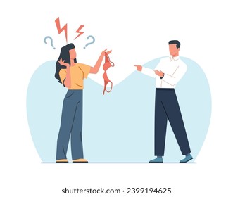 Indignant woman holds bra in her hand and says something to man. Wife found another girl underwear. Adultery people. Treason and partner deception, cartoon flat isolated vector concept