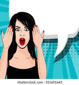 Indignant young sexy brunette comic girl pop art style. Human emotions face expression feelings. Vector illustration woman portrait, red lips, shocked emotion, empty speech bubble in comic book.