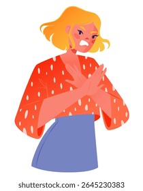 Mulher jovem e indignada se afastando com as duas mãos de um objeto que faz com que ela se sinta negativa e faça nenhum gesto. Conceito de expressar emoções, defender limites pessoais, linguagem corporal