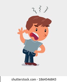 Indigned cartoon character of  little boy on jeans vehemently shakes his hand