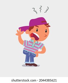 Indigned cartoon character of  little boy on jeans vehemently shakes his hand