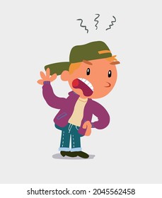 Indigned cartoon character of  little boy on jeans vehemently shakes his hand