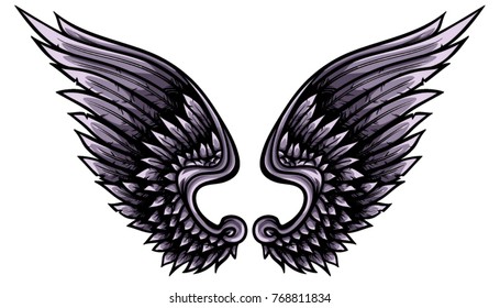 Indigo angelic vector wings with black outline, shadows and lights. Creative heraldic illustration.