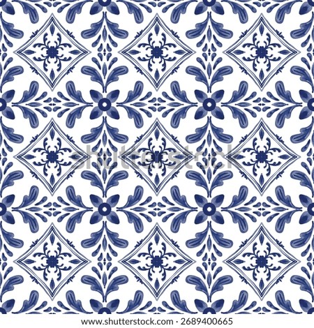 Indigo Asian Watercolor Tile Pattern with Floral Diamond Motif