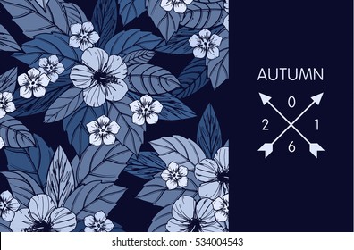 Indigo autumn floral design with hibiscus flowers, vector illustration.