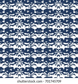 Indigo background. Hand painted blue indigo boho pattern. Abstract seamless pattern. Repeating hand drawn ornament. Tribal indigo art print. Fabric, Cloth Swimwear Design, Wallpaper, Wrapping