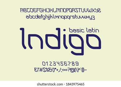 Letra latina para mostrar índigo básico. Tipo artístico con letras mayúsculas y minúsculas, números y puntuación al estilo étnico indio.