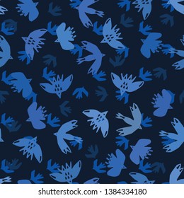 Indigo blue abstract birds flying cut out shapes. Vector pattern seamless background. Hand drawn matisse style collage graphic illustration. Trendy home decor, avian sky fashion prints, wallpaper. 