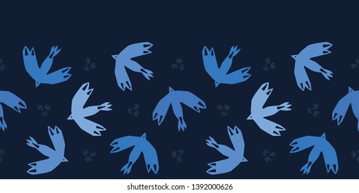 Indigo blue abstract birds flying cut out shapes. Vector border pattern seamless background. Hand drawn matisse style wings illustration. Trendy home decor, modern fashion prints, navy sky ribbon trim