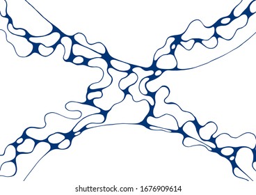 Fondo vectorial del doodle de espuma azul índigo. Cuadrícula de celdas hechas de líneas de curva, ondas en blanco. Concepto vectorial aislado de espuma de jabón, fondo abstracto de burbujas de champú. Estructura molecular.