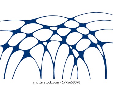 Indigo blue abstract foam doodle vector background. Grid of cells made of curve lines, waves on white. Soap foam isolated vector concept, abstract shampoo bubbles background. Molecular structure.