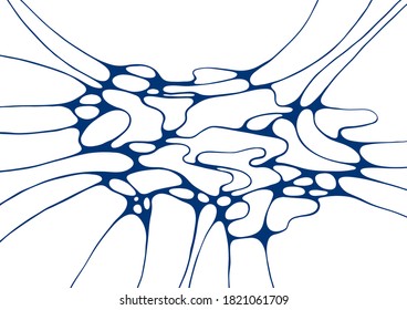 Fondo del vector del doodle de espuma abstracta azul índigo. Cuadrícula de celdas hecha de líneas de curva, ondas en blanco. Espuma de jabón concepto vectorial aislado, fondo abstracto de burbujas de champú. Estructura molecular.