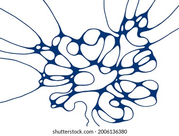 Indigo blue abstract foam doodle vector background. Grid of cells made of curve lines, waves on white. Soap foam isolated vector concept, abstract shampoo bubbles background. Molecular structure.