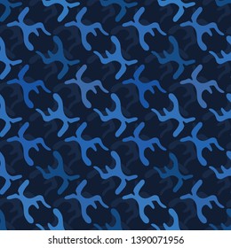 Indigo blue abstract organic cut out shapes. Vector pattern seamless background. Hand paper cutting matisse style. Collage graphic illustration. Trendy home decor, fashion print, tossed wallpaper.