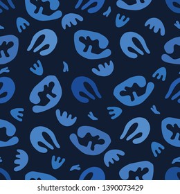 Indigo blue abstract organic cut out shapes. Vector pattern seamless background. Hand paper cutting matisse style. Collage graphic illustration. Trendy home decor, fashion print, tossed wallpaper.