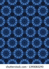 Indigo blue abstract organic cut dotty circles. Vector pattern seamless background. Hand drawn textured style. Polka dot stripes illustration. Trendy home decor. Navy cog wheel spoke fashion print.