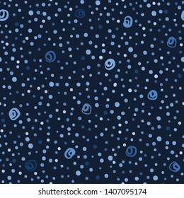 Indigo blue abstract organic dotty ring circles. Vector pattern seamless background. Hand drawn textured style. Polka dots tossed illustration. Trendy home decor,men shirting fashion print, wallpaper.