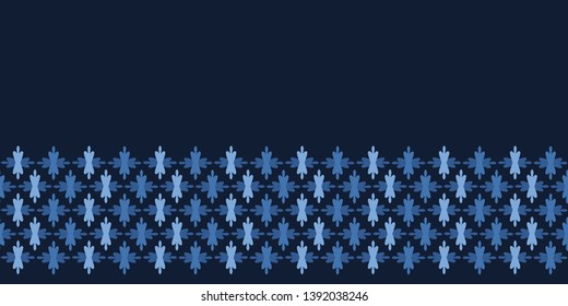 Indigo blue abstract organic tribal stripes. Vector border pattern seamless background. Hand drawn ethnic lines textured style. Trendy home decor, men shirting fashion edging, retro navy ribbon trim