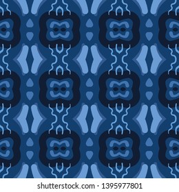Indigo blue abstract organic tribal shapes. Vector pattern seamless background. Hand drawn textured style. Ethnic stripes illustration. Trendy home decor, men shirting fashion print, navy wallpaper.