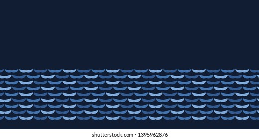 Indigo blue abstract organic waves cut out shapes. Vector border pattern seamless background. Hand drawn sea water matisse style. Collage denim graphic. Trendy home decor, fashion edging, ribbon trim