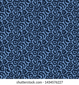 Indigo blue abstract stylized animal skin pattern. Repeating texture background. Monochrome surface design textile swatch, modern wallpaper, camouflage fashion fabric. All over print. Seamless vector 