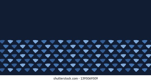 Indigo blue abstract triangular tribal shapes. Vector border pattern seamless background. Hand drawn geometric stripes textured style. Trendy home decor, men fashion edging, retro navy ribbon trimming