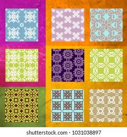 Indigo Blue Azulejos Pattern Lisbon. Set  of Tile Floor Oriental Spain Collection / Portugal Geometric Ceramic Design Tile. Vintage Illustration  template.